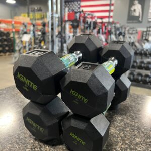 CCXIgniteSPRIDumbbells.jpg BLOWOUT Rubber Hex Dumbbells (Limited Sizes Available)